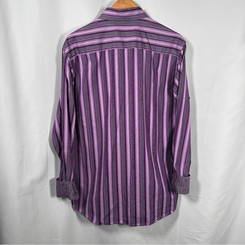 Bugatchi Uomo Cotton Stripe Contrast Cuff Button-Up JEWEL TONE Purple L Office - Picture 10 of 12